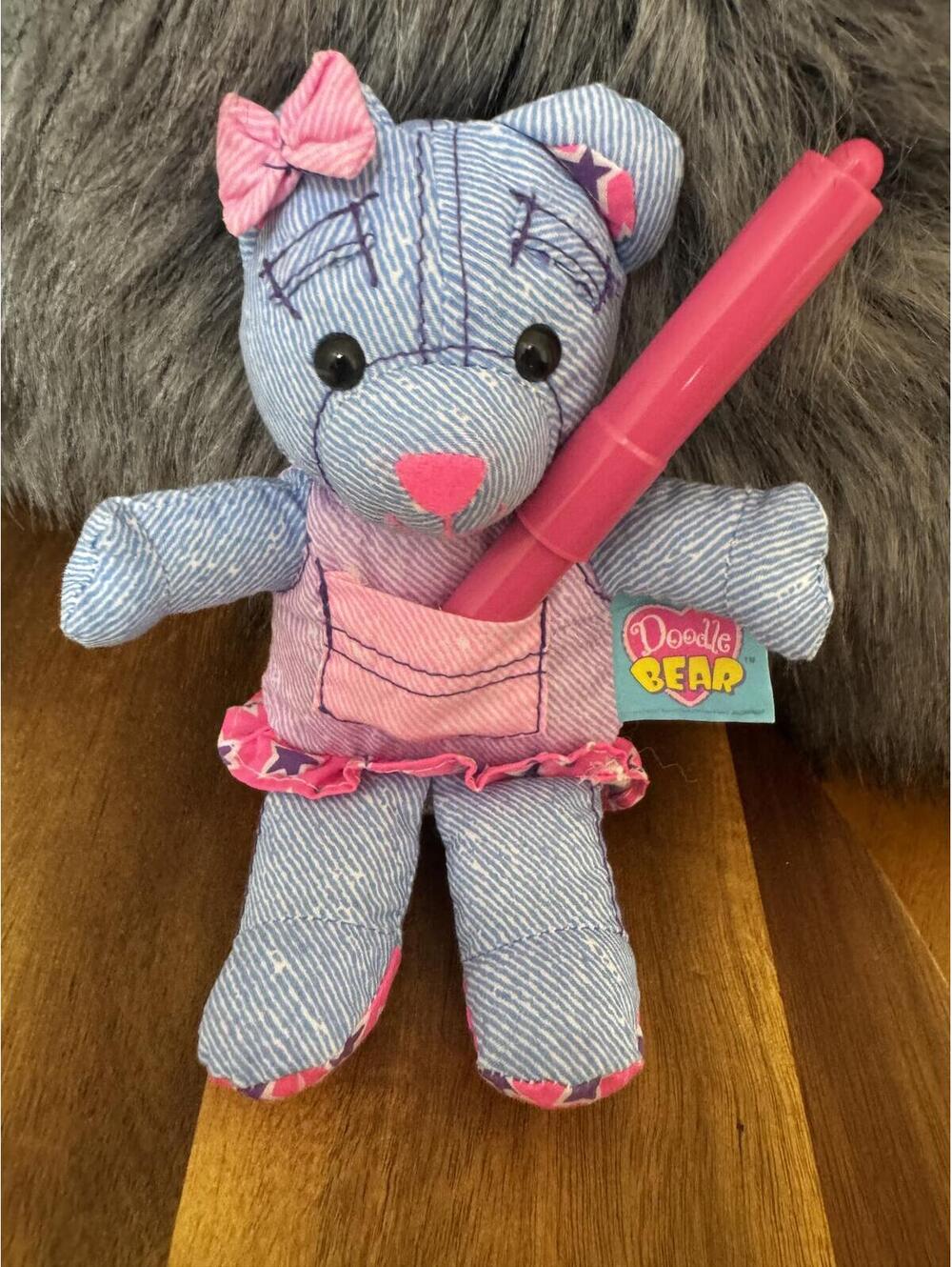 Vintage 1995 Tyco Mini Doodle Bear Plush 7" Denim Blue Pink Star Skirt w/ Marker